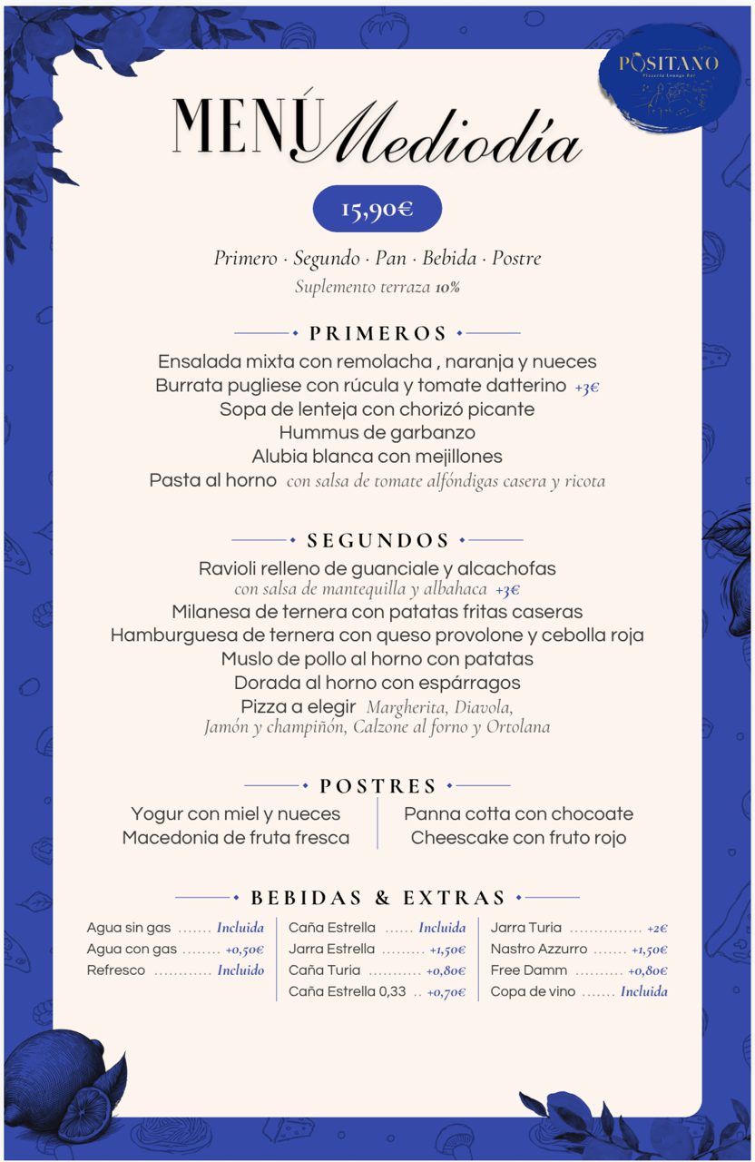 Foto del menú del día de Positano Pizzeria del martes 20 de octubre de 2026