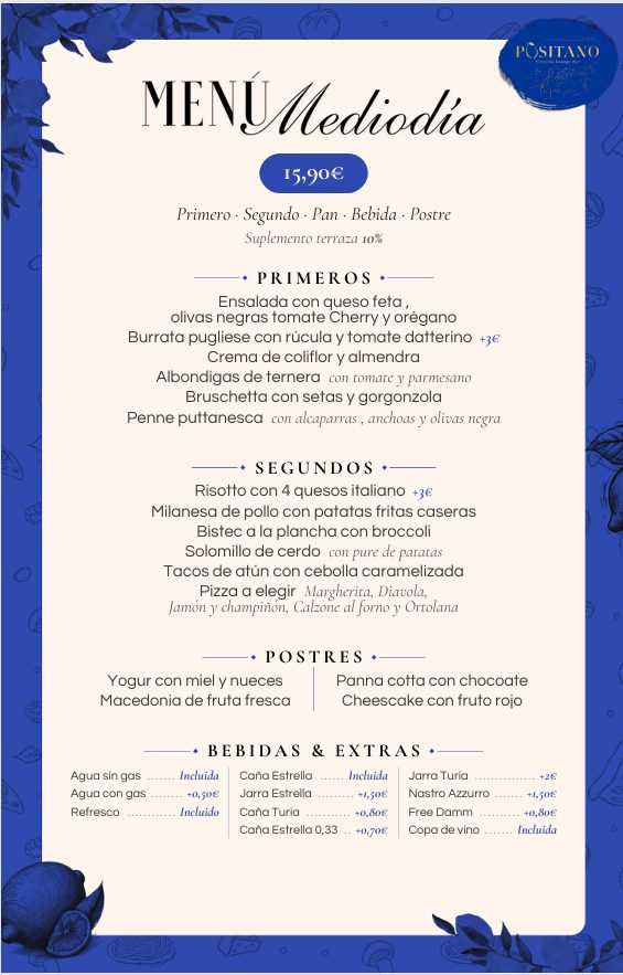 Foto del menú del día de Positano Pizzeria del jueves 15 de octubre de 2026